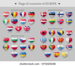 Set of glossy button with European countries flags. Europe flags shiny badges of heart shape. National symbols in patriotic colors realistic vector illustration on gray background