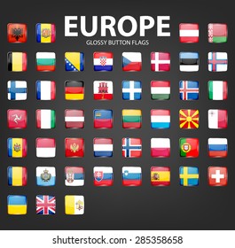 Set of glossy button flags - Europe. Original colors. Vector icons. EPS10 illustration. 