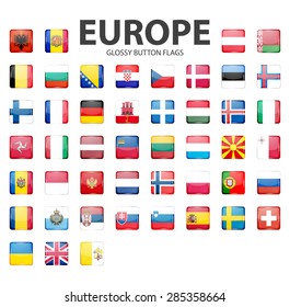 Set of glossy button flags - Europe. Original colors. Vector icons. EPS10 illustration. 