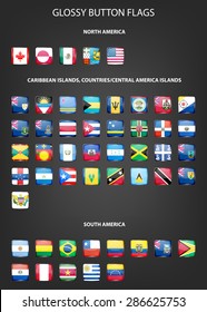 Set of glossy button flags -  North AND South America, Caribbean Islands, countries, Central America Islands.. Vector EPS10 illustration. 