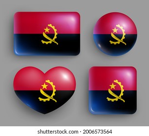 Set of glossy buttons with Angola country flag. Southern Africa country national flag, shiny geometric shape badges. Angola symbols in patriotic colors realistic vector illustration