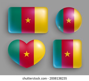 Set of glossy buttons with Cameroon country flag. Western Africa republic national flag, shiny geometric shape badges. Cameroon symbols in patriotic colors realistic vector illustration
