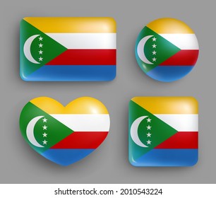 Set of glossy buttons with Comoros country flag. Eastern Africa republic national flag, shiny geometric shape badges. Comoros symbols in patriotic colors realistic vector illustration