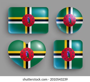 Set of glossy buttons with Dominica country flag. American Island state national flag, shiny geometric shape badges. Dominica symbols in patriotic colors realistic vector illustration