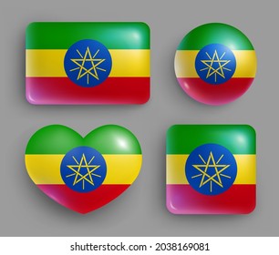 Set of glossy buttons with Ethiopia country flag. Eastern African country national flag, shiny geometric shape badges. Ethiopia symbols in patriotic colors realistic vector illustration