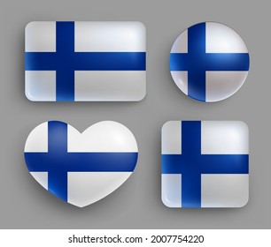 Set of glossy buttons with Finlandia country flag. North Europe country national flag shiny badges of geometric shapes. Finland symbols in patriotic colors realistic vector illustration