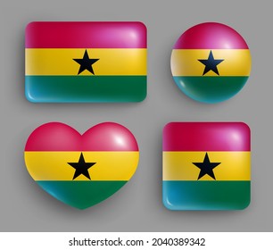 Set of glossy buttons with Ghana country flag. Western Africa country national flag, shiny geometric shape badges. Ghana symbols in patriotic colors realistic vector illustration