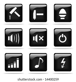 Set of glossy buttons with icons. Black and white series.