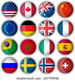 Set of glossy buttons or icons with flags popular countries/editable vector illustration