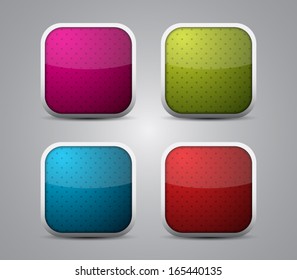 Set of glossy buttons / icons with shiny light, metallic frame and dotted pattern background for websites (UI) or applications (app) for smartphones and tablets. Modern and plastic style 