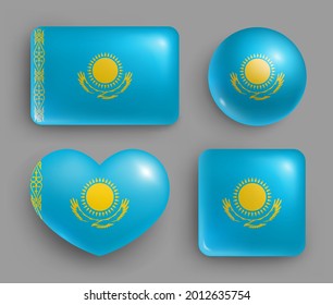 Set of glossy buttons with Kazakhstan country flag. Middle Asia country national flag, shiny geometric shape badges. Kazakhstan symbols in patriotic colors realistic vector illustration