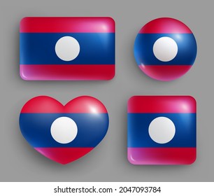 Set of glossy buttons with Laos country flag. South East Asia country national flag, shiny geometric shape badges. Laos symbols in patriotic colors realistic vector illustration