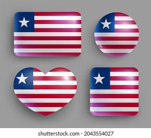 Set of glossy buttons with Liberia country flag. Western Africa republic national flag, shiny geometric shape badges. Liberia symbols in patriotic colors realistic vector illustration