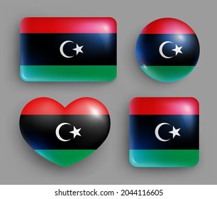 Set of glossy buttons with Libya country flag. Northern Africa republic national flag, shiny geometric shape badges. Libia symbols in patriotic colors realistic vector illustration