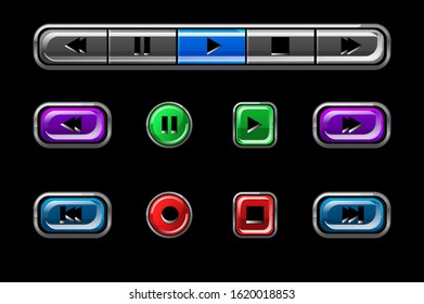Set of glossy buttons for media player. Multi-colored buttons of different shapes with signs.