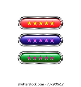 Set of glossy buttons with metallic edges in 3 colors
