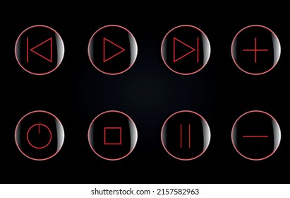 a set of glossy buttons with music player button icons on a black background. vector illustration.