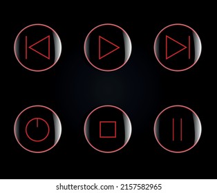 a set of glossy buttons with music player button icons on a black background. vector illustration.