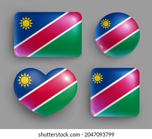Set of glossy buttons with Namibia country flag. Southern Africa country national flag, shiny geometric shape badges. Namibia symbols in patriotic colors realistic vector illustration