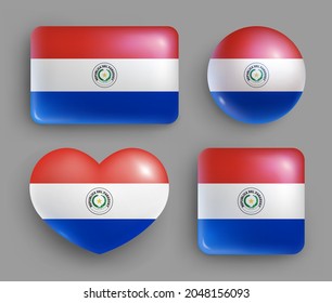 Set of glossy buttons with Paraguay country flag. Central America country national flag, shiny geometric shape badges. Paraguay symbols in patriotic colors realistic vector illustration