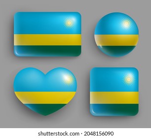 Set of glossy buttons with Rwanda country flag. Western Africa republic national flag, shiny geometric shape badges. Rwanda symbols in patriotic colors realistic vector illustration
