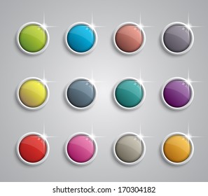 Set of glossy buttons with shiny metallic rings for websites (UI) or applications (app) for smartphones and tablets. Clean and modern style