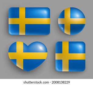 Set of glossy buttons with Sweden country flag. North Europe country national flag shiny badges of geometric shapes. Swedish symbols in patriotic colors realistic vector illustration