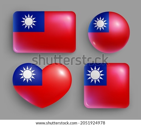 Set of glossy buttons with Taiwan country flag. East Asia country national flag, shiny geometric shape badges. Taiwan symbols in patriotic colors realistic vector illustration