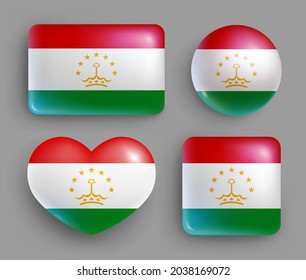 Set of glossy buttons with Tajikistan country flag. Middle Asia country national flag, shiny geometric shape badges. Tajikistan symbols in patriotic colors realistic vector illustration