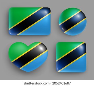 Set of glossy buttons with Tanzania country flag. Eastern Africa republic national flag, shiny geometric shape badges. Tanzania symbols in patriotic colors realistic vector illustration