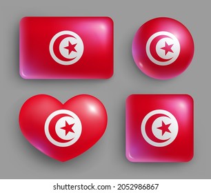 Set of glossy buttons with Tunisia country flag. Northern African country national flag, red shiny geometric shape badges. Tunis symbols in patriotic colors realistic vector illustration