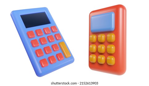 Set glossy calculator isolated on white background. Realistic modern minimal design element. Cartoon cute 3d vector illustration. Collection soft plastic or clay toy.