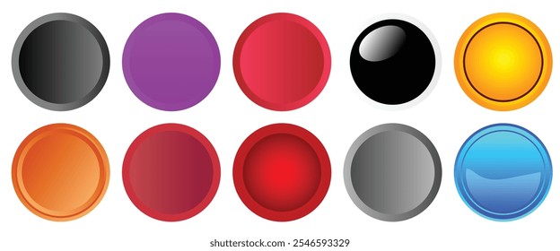 Conjunto de Botones de círculo brillante signo de Web, iconos de Botón Hacer clic redondo en 3D. esferas y juego de bolas, insignia de emblema, ilustración de Botón de juego. Vector de Web vacío ui colección de Botón redondo.