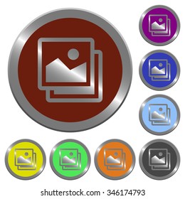 Set of glossy coin-like color images buttons. Arranged layer structure.