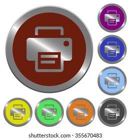 Set of glossy coin-like color printer buttons.