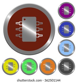 Set of glossy coin-like Integrated circuit buttons.