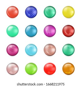 Set of glossy colored balls with halftone fill, isolated on white background, vector illustration.
