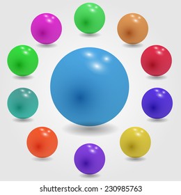 Set of glossy colored balls on grey background. Vector illustration.