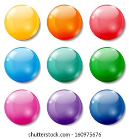 Conjunto de botones de color brillante sobre fondo blanco.