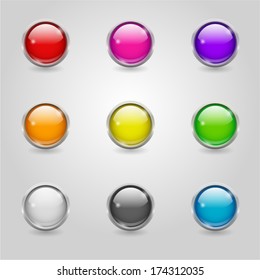 Set of glossy colored round buttons with metallic border