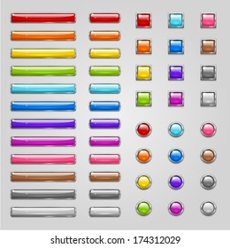 Set of glossy colored round, rectangle and square buttons