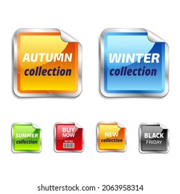 Set of glossy colored stickers. Vector illustration.  Luxury design collection for Promotion and Discounts. New winter collection sticker for sale. 