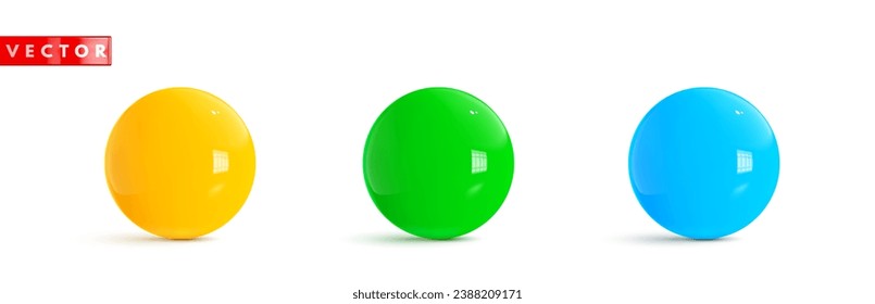 Set of glossy colorful 3d spheres ball realistic style rendering. Cartoon plastic balls isolated on white background. Vector illustration