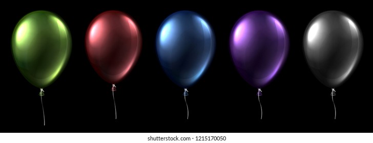 Set of glossy colorful balloons isolated on black background. Holiday decoration. Vector illustration.