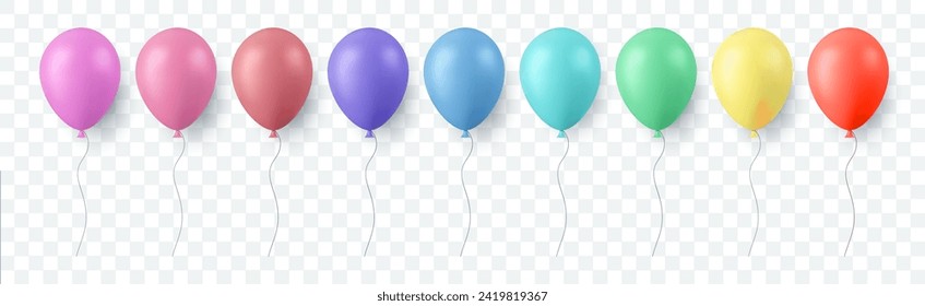 Set of glossy colorful balloons isolated on transparent background. festive 3d helium balloons template for anniversary, birthday party design