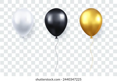 Set of glossy colorful balloons isolated on transparent background. festive 3d helium balloons template for anniversary, birthday party design