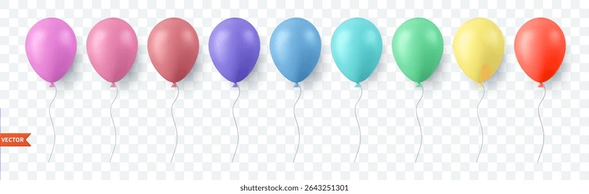Set of glossy colorful balloons isolated on transparent background. festive 3d helium balloons template for anniversary, birthday party design