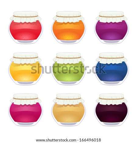 Set of glossy colorful jam jars.