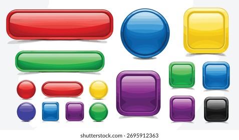 Set of glossy colorful web buttons and icons with drop shadows and reflections.
