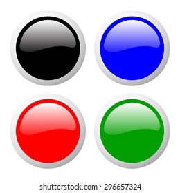 Set of glossy colorful web buttons. Round blank template for icons. Black, red, blue and green shiny buttons with metallic elements, vector design for website. Glass buttons.